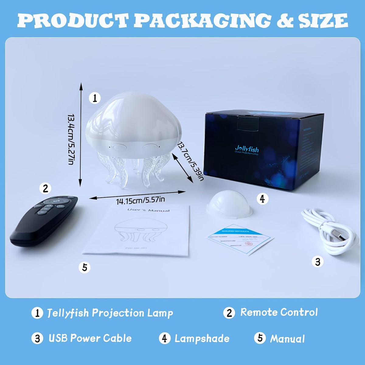What's in the box: jellyfish lamp, remote control, USB cable, lampshade and manual, with size