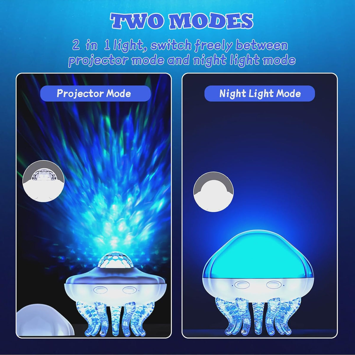 Jellyfish lamp in ocean projector mode and night light mode
