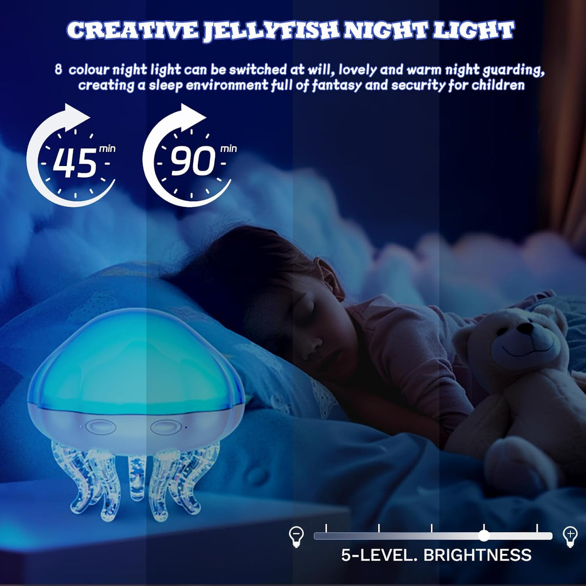 Jellyfish night light glowing softly at bedtime, with 45 and 90 minute timer