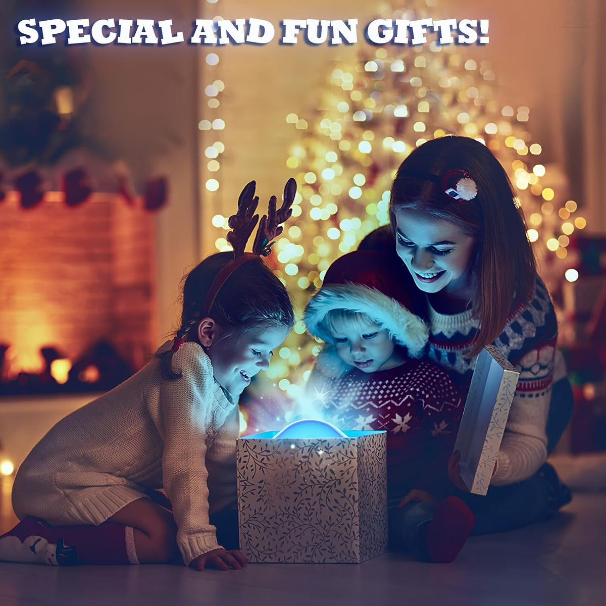 Family opening a jellyfish lamp as a holiday gift