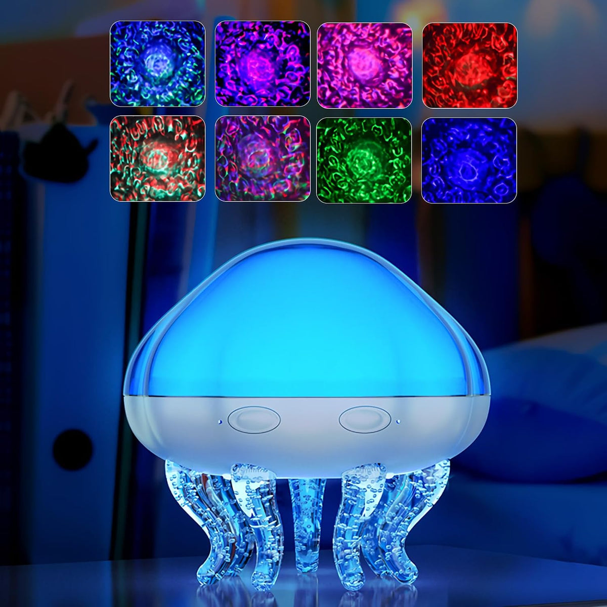 Jellyfish lamp with its 8 light color options