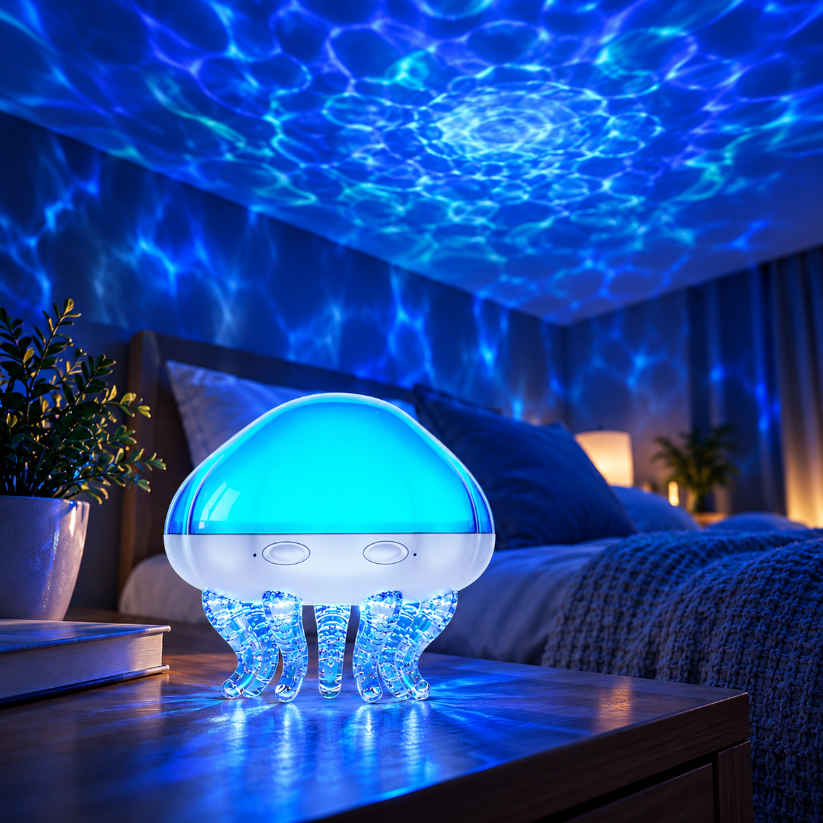 Jellyfish ocean projector lamp casting blue ocean waves across a bedroom ceiling